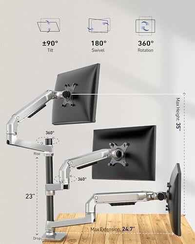 Adjustable monitor arm with tilt, swivel, and rotation features