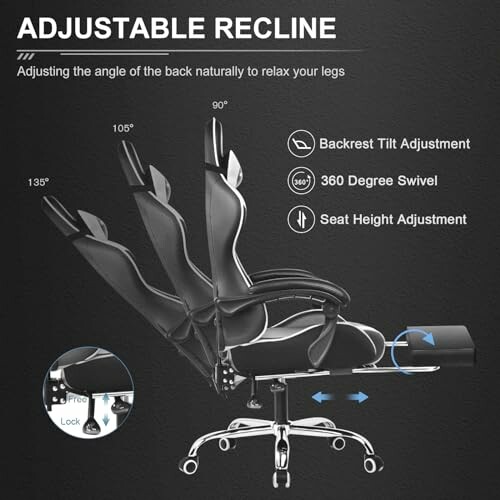 Adjustable office chair with recline, swivel, and height features.