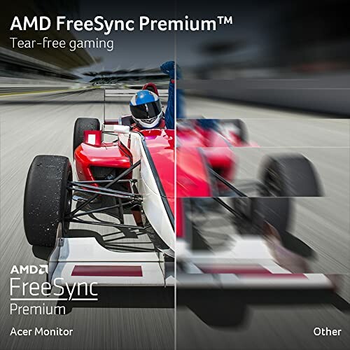 Comparison of racing car with AMD FreeSync Premium, showing tear-free gaming.