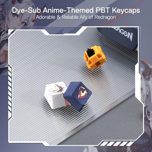 Anime-themed PBT keycaps with Redragon branding.