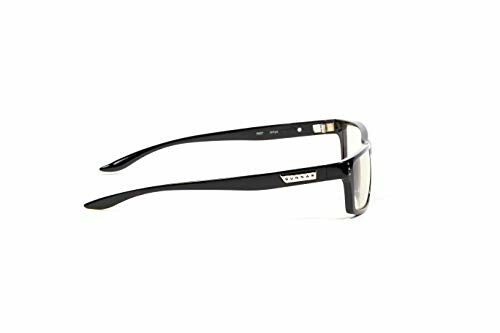 Side view of black rectangular glasses with logo.