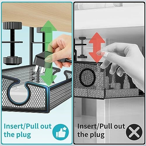 Comparison of two cable management boxes with different plug access methods.