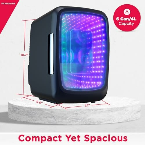 Compact mini fridge with LED lights and 6 can capacity