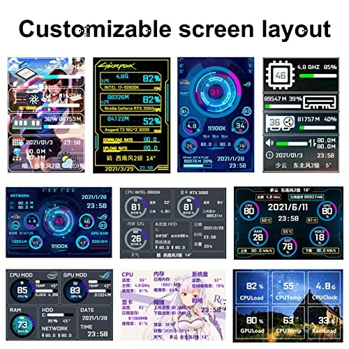 Various customizable digital screen layouts with system stats and graphics.