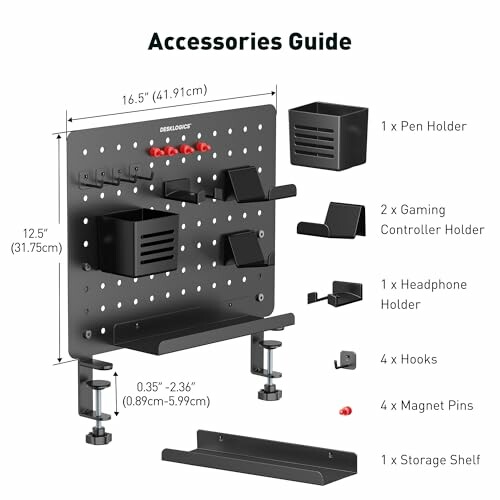 Desk accessories guide with holders and hooks on a pegboard.