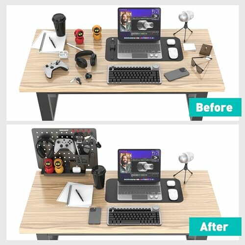 Comparison of desk setup before and after organization.