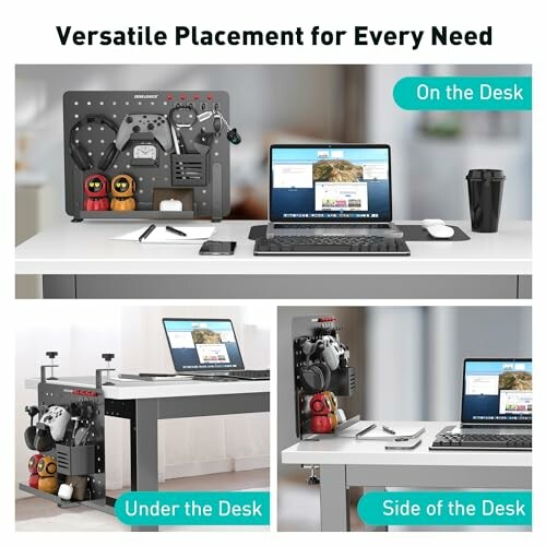 Desk organizer with versatile placement options: on the desk, under the desk, side of the desk.