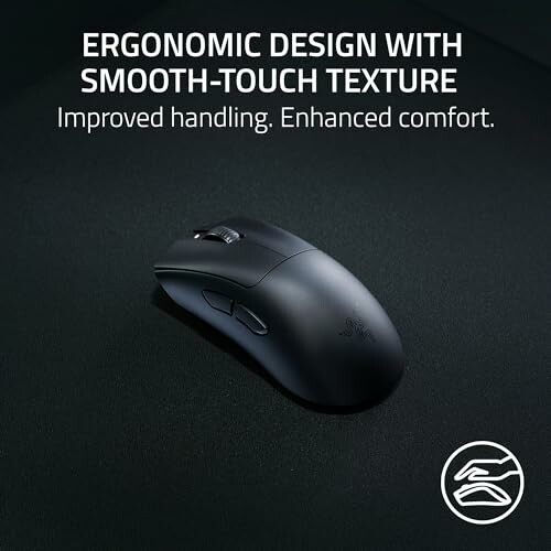 Ergonomic mouse with smooth-touch texture highlighting improved handling and comfort.