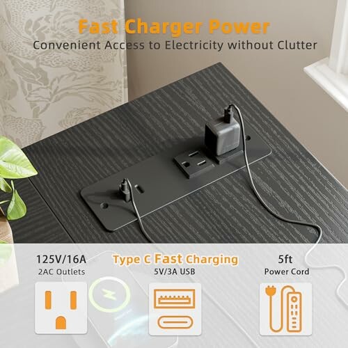 Fast charger power outlet with Type C charging and power cord on a desk.