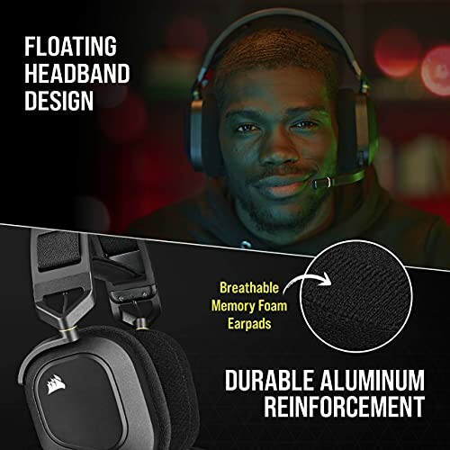 Man wearing gaming headset with floating headband design and memory foam earpads