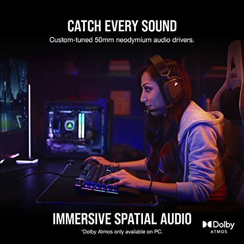 Gamer using headset with immersive spatial audio and custom-tuned drivers