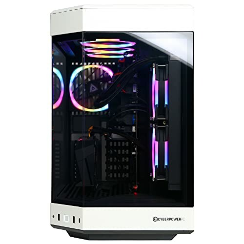 Gaming PC with RGB lighting and transparent side panel.