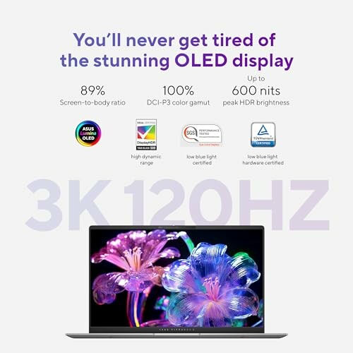 Laptop with stunning OLED display and features highlighted: 89% screen-to-body ratio, 100% DCI-P3 color gamut, up to 600 nits brightness, 3K 120Hz.