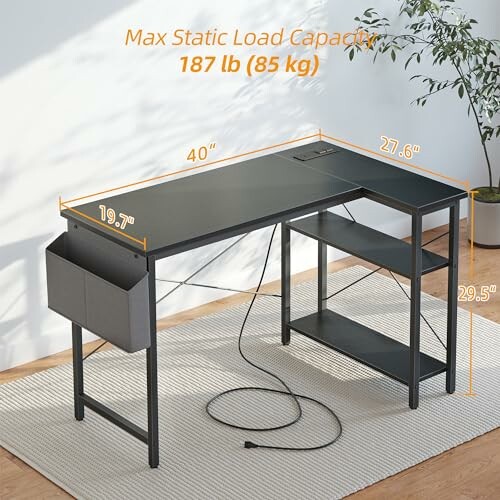 Modern desk with shelves, cable management, and storage pouch.