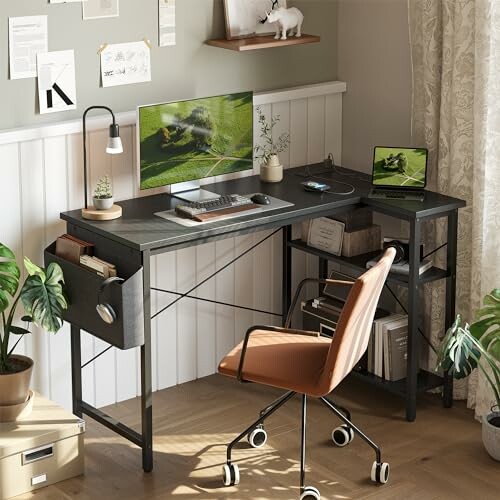 Modern home office with desk, chair, plants, and computer screens.