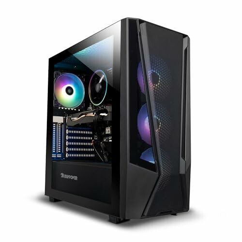 Gaming PC case with RGB lighting and glass panel