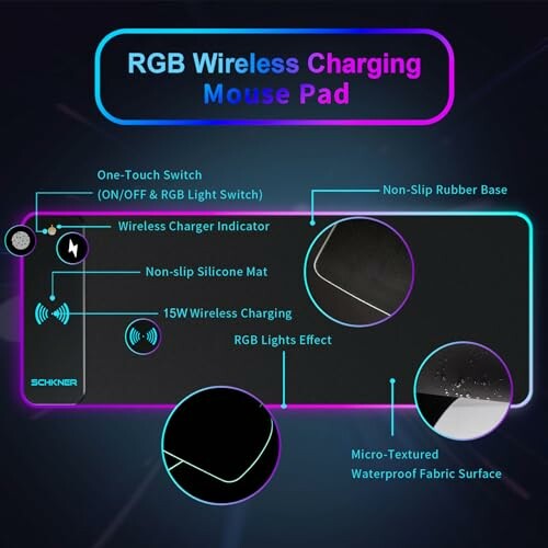 RGB wireless charging mouse pad with features highlighted.