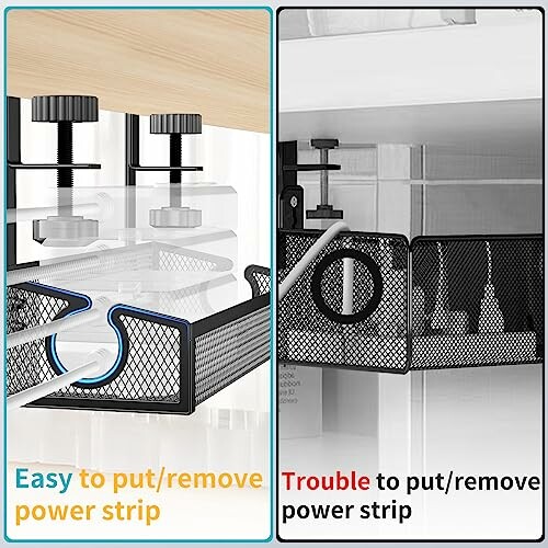 Comparison of easy and difficult under-desk power strip installation methods.