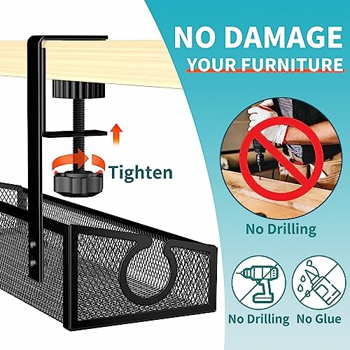 Under desk cable organizer with clamp, no drilling needed.