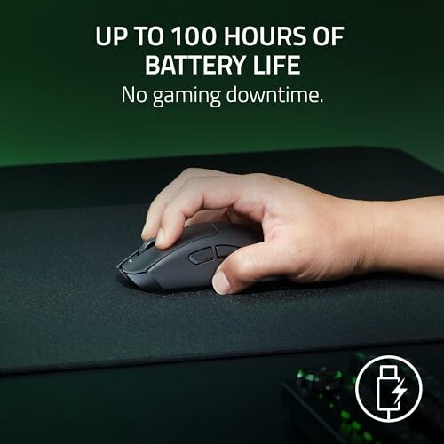 Hand using a wireless mouse on a mat, text about 100 hours battery life.